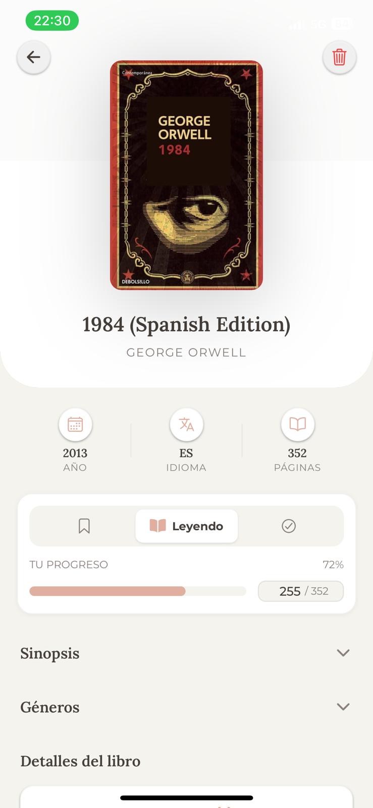 Detalles de libro con progreso, valoración y gestión