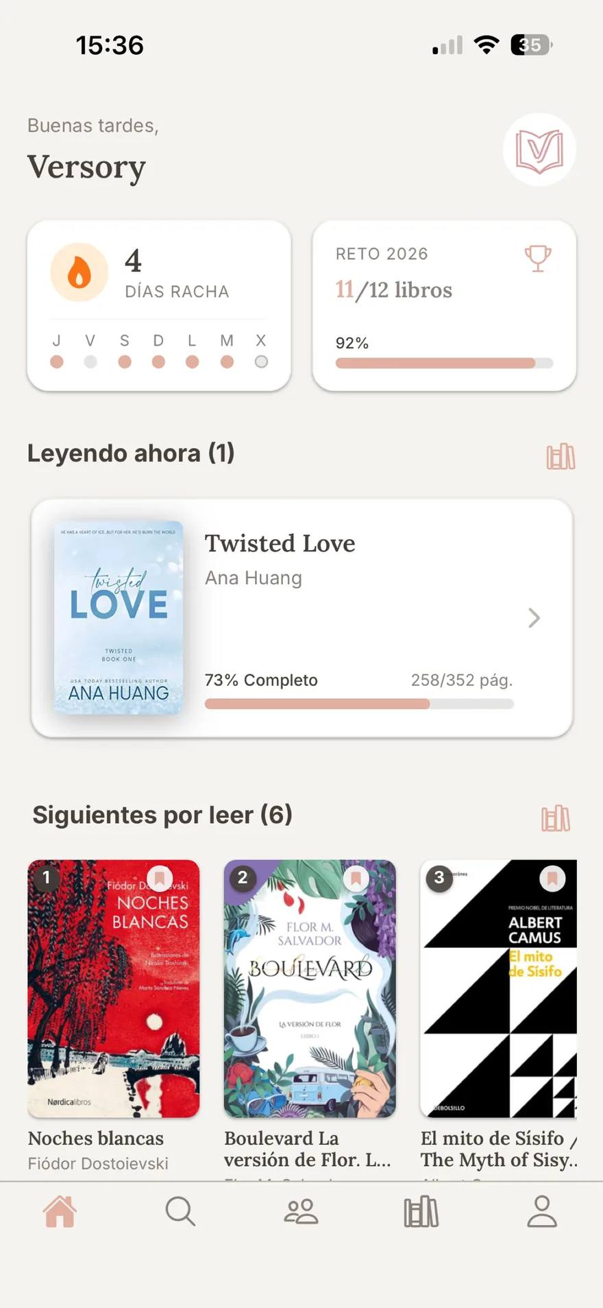 Pantalla de inicio de Versory: racha de 4 días, reto de 2026 con 11 de 12 libros y la lectura en curso al 73 %
