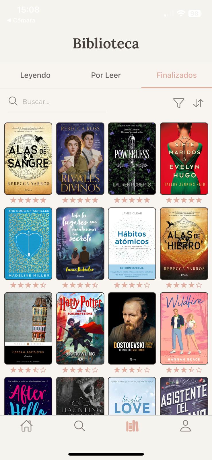 Biblioteca organizada por categorías: leyendo, por leer y finalizados