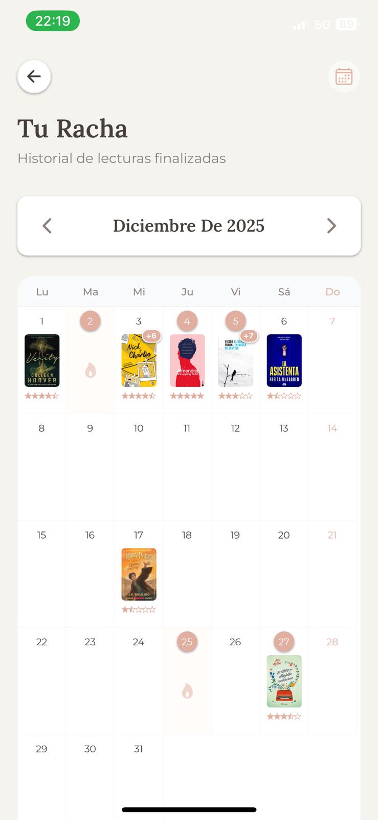 Calendario de racha de lectura y estadísticas del año